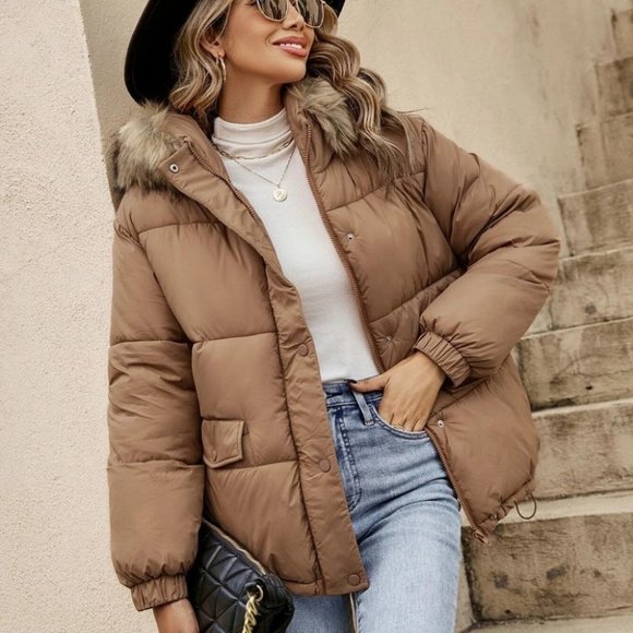 Tan Womens Hooded Puffer Coat - Picture 3 of 4